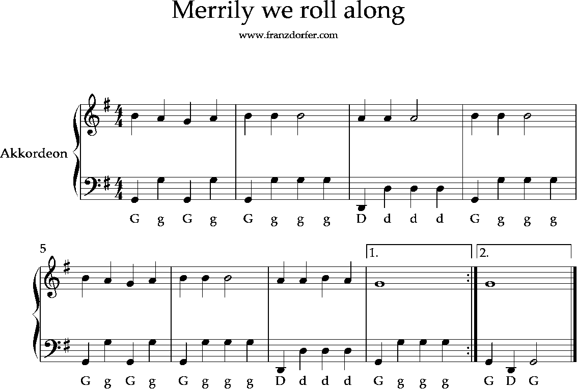 Noten für Akkordeon- Merrily we roll along, G-Dur